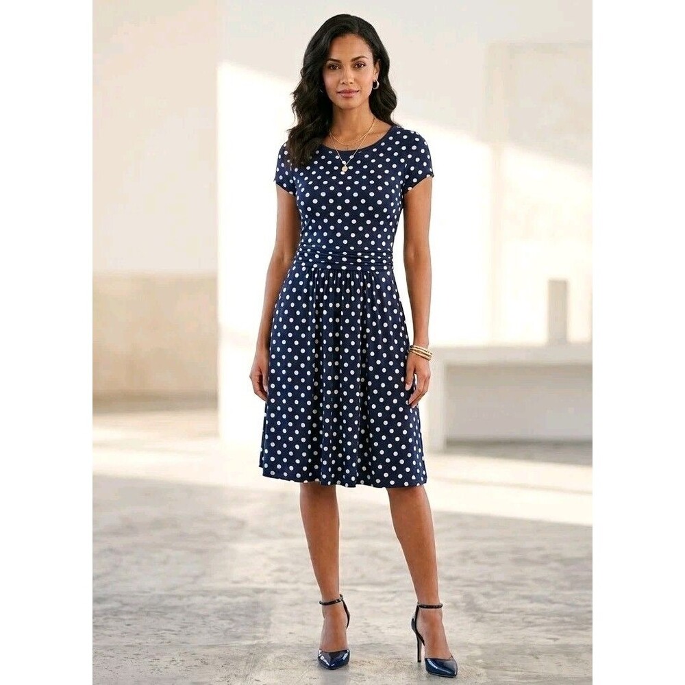 Boden Polka Dot Jersey Dress US 6R Navy Blue White Pockets Short Sleeve Midi